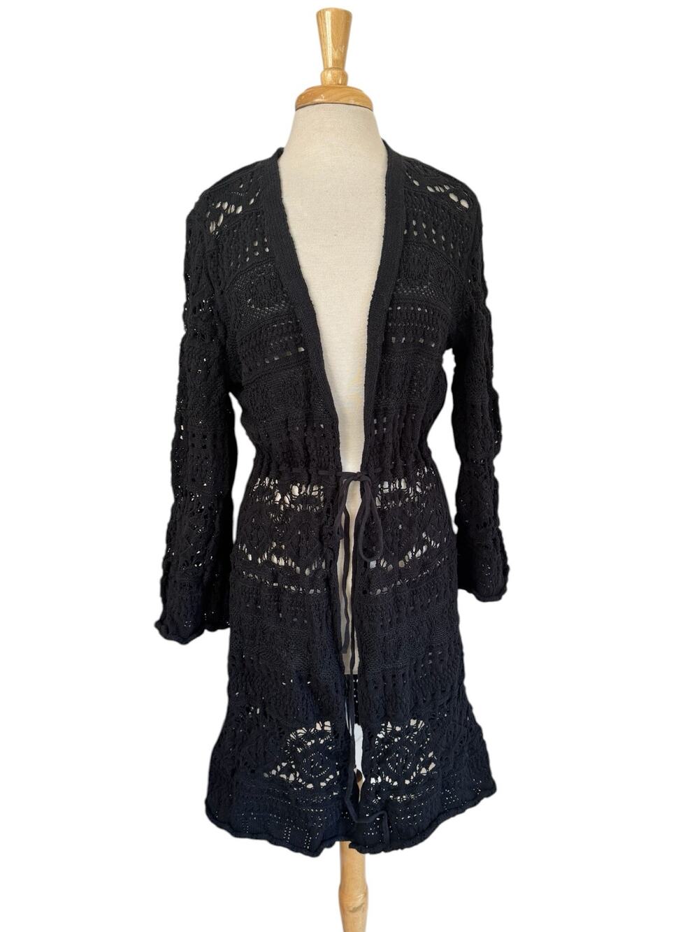 ANTHROPOLOGIE Black Crochet Long Line Cardigan Sweater Size XL Petite Womens